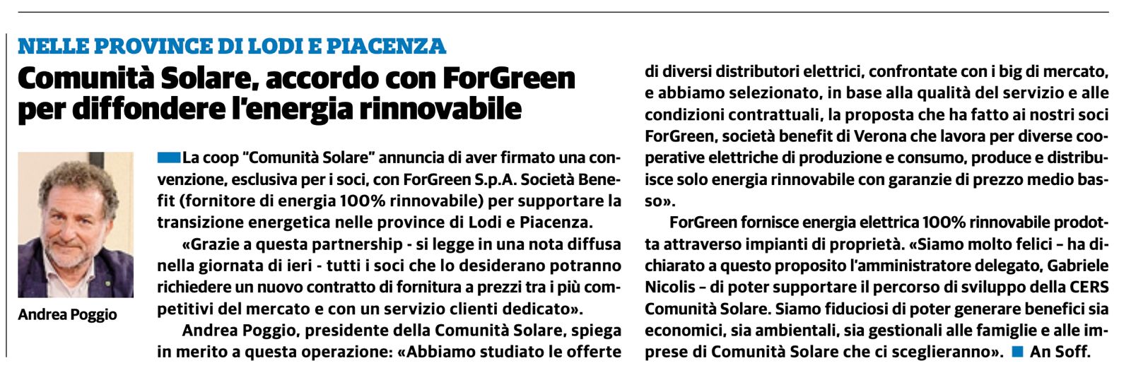 Articolo di giornale per l'accordo con ForGreen