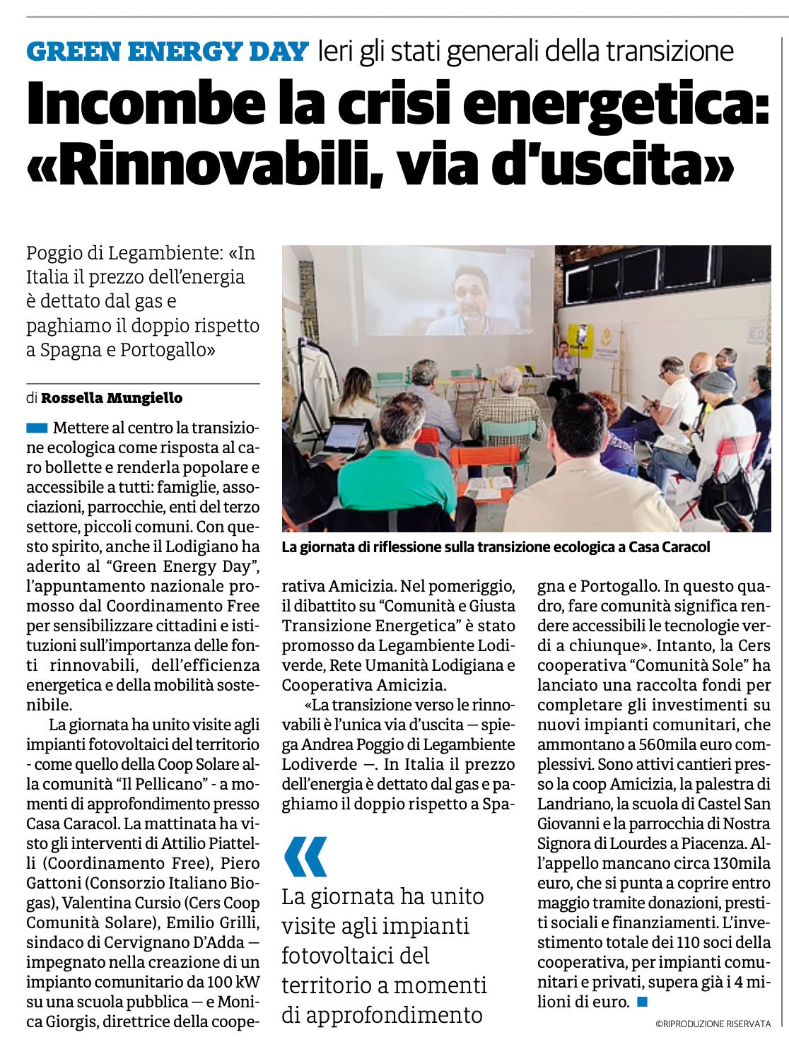 Articolo di giornale sul Green Energy Day