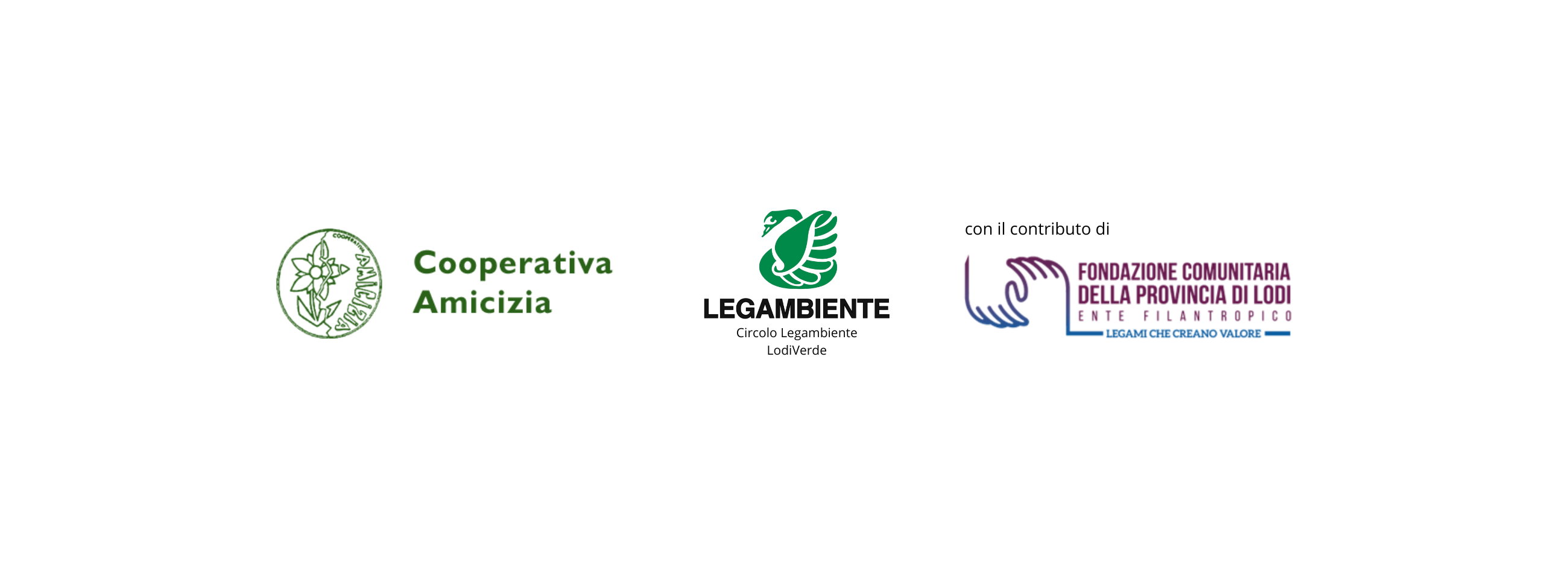 Loghi di Coop.Amicizia, Legambiente Lodi e Fondazione Comunitaria della Provincia di Lodi